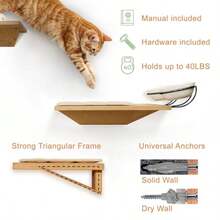 Wall Mounted Cat Shelves With Elevated Ceramic Feeding Station Scandinavian Floating Design Solid Plywood Two Climbing Steps With Cotton Mats Modern Cat Wall Furniture Set 300 Ml Bowls - Light Wood - View 5