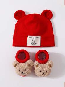 2 peças/Conjunto Chapéu Macio com Orelhas de Coelho + Meias de Urso de Pelúcia para Bebês de 0-12 Meses, Gorro Elástico para Bebês Recém-Nascidos, Conjunto Fofo para Uso Casual Diário Interno/Externo, Sessão de Fotos - 2 unidades - Visão 2