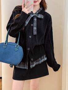 Áo len nữ dáng rộng kẻ caro phối nhiều mảnh, màu đen, thích hợp cho mùa thu/đông. - màu đen - Xem 1