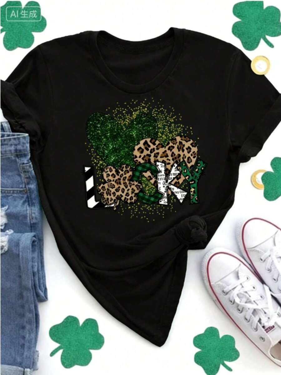 Shiny Clover Pattern Leopard Print "LUCKY" Letter Print + Small Size Short Sleeve Women's Top + Plus Size Short Sleeve Women's Top + Fashion Round Neck T-Shirt, Spring Summer Women's Top-Valentine Gift ST Patrick' S Day - 黑色 - 查看 1