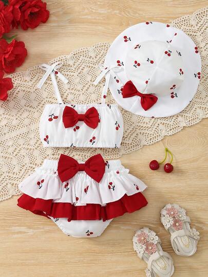 3pcs Baby Girls Summer Outfit, Soft & Breathable Cherry Print Camisole + Double Ruffle Hem Shorts + Sun Hat, Suitable For Beach, Outdoor, Picnic, Swimming Pool