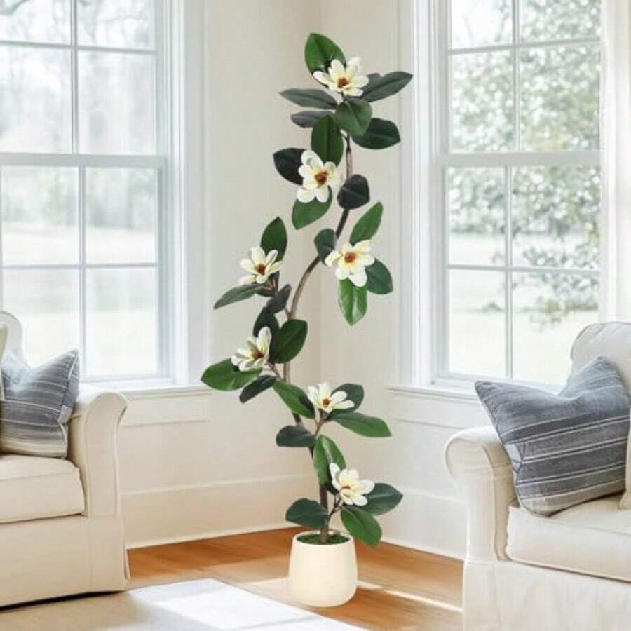 Árbol de Higo Artificial de 5 Pies en Maceta Blanca con 7 Flores de Magnolia Planta de Imitación para Decoración de Interior Hogar-B029 - 5 pies - Ver 1