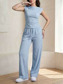 女士新款圆领无袖T恤和松紧腰宽松裤两件套，休闲日常穿着，春夏款 - 淺藍色 - 查看 2