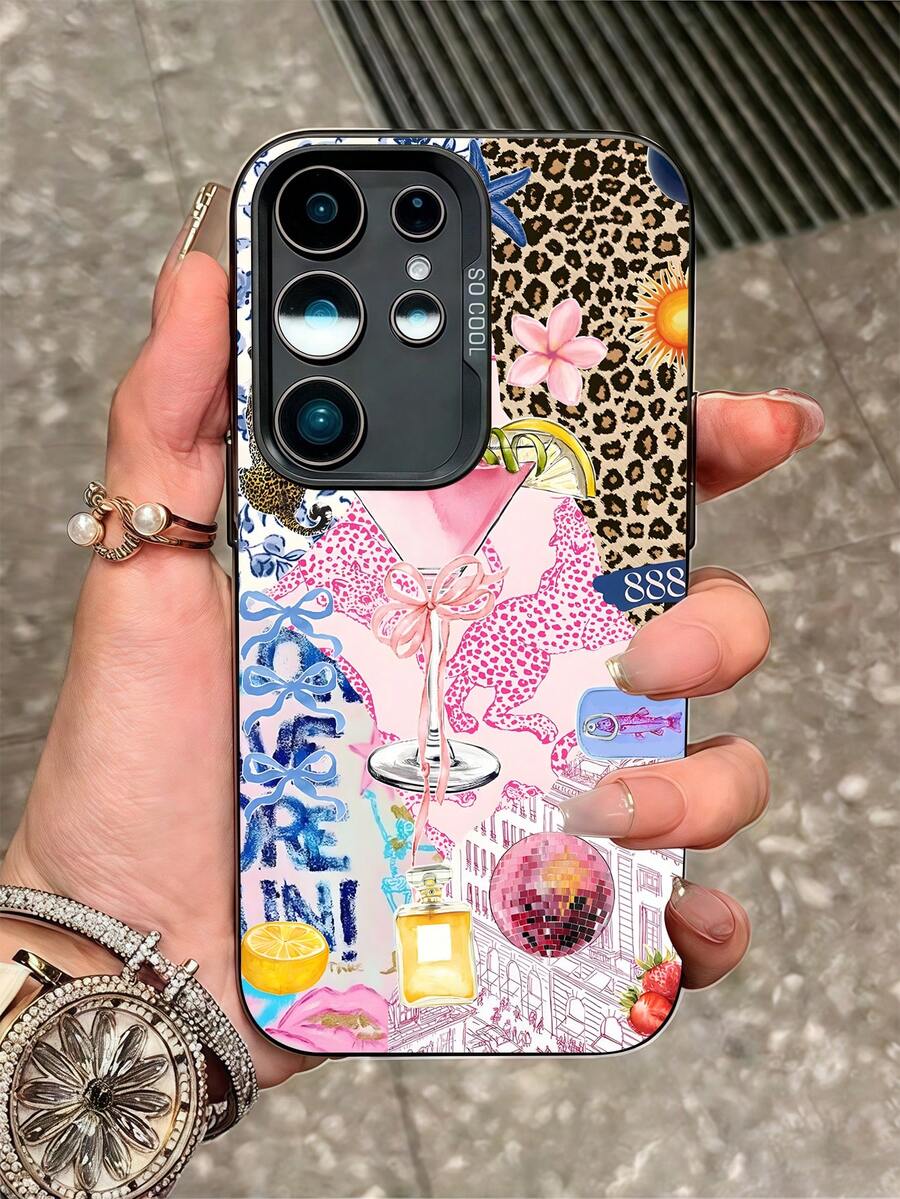1pc Luxury Leopard Print Electroplated Button Anti-Drop Phone Case Compatible With Samsung Smartphones - Multicolor - View 1