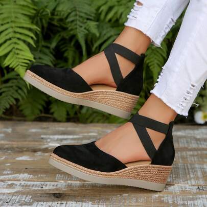 Sandalias de cuña de punta puntiaguda de unicolor casual para mujer, parte superior de tela transpirable, tacón alto, suela de PU amortiguadora, zapatos casuales de moda cómodos con diseño cruzado, para verano
