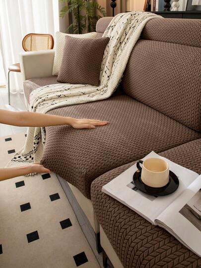 1pc Solid Color Jacquard Stretch Sofa Seat Cushion Cover, L-Shaped Sofa Cover, Separate Sofa Backrest Cover, Furniture Protector, Stretch Sofa Cushion Cover, Dirt-Resistant & Non-Slip, Easy To Remove And Wash, Suitable For All Seasons, Ideal For Living Room Decor