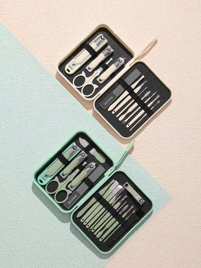 18pcs/12pcs Manicure Set, Mini Portable Nail Clipper Kit With Blue & Beige Storage Box, Nail Care Tools For Trimming Fingernails & Toenails, Suitable For Men & Women, Gift & Home Use