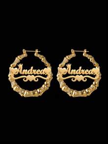 1 Pair Of 7cm Large Hoop Earrings, Customized Name, Text, Personalized Earrings, 18k Gold Fashion Jewelry Stainless Steel, Nameplate Bamboo Earrings - Gold Name Circle - Large Circle Earrings Thanksgiving Christmas - 2.76 Inch - View 3