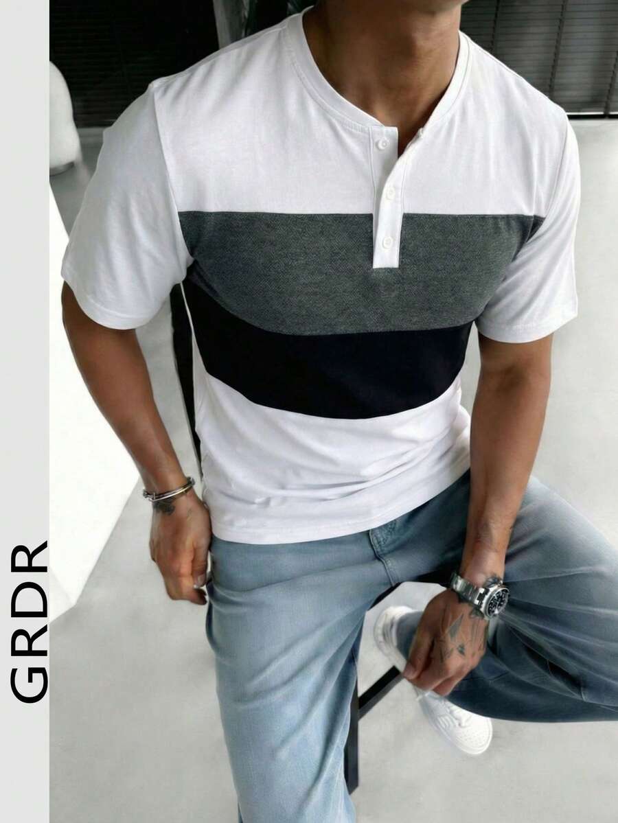 GRDR 1pc Men's Casual Henley Neck Short Sleeve T-Shirt, Summer - White - View 1
