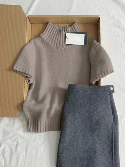 Blusa de punto acanalado de unicolor de manga corta, uso casual para el hogar y el verano diario