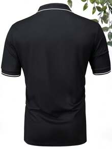 Men's Slim Fit Short Sleeve Polo Shirt, Contrast Trim Collar Tight Fit T-Shirt, Casual Top - Black - View 2