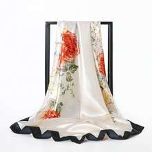 90 Simulated Silk Satin Scarf Silk Scarf Large Square Scarf Women's Autumn And Winter New Versatile Foreign Fashion Thin Shawl - 30#富貴花白色 - 查看 6