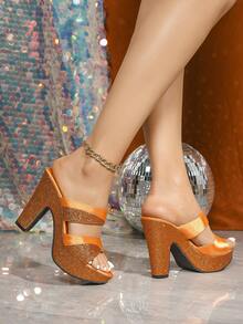 女士时尚高跟凉鞋，金属色高跟凉鞋，闪亮厚底高跟凉鞋，露趾无后跟高跟穆勒鞋，性感迷人优雅高跟鞋，派对婚礼情人节高跟凉鞋，穆勒凉鞋 - 亮橙色 - 查看 4