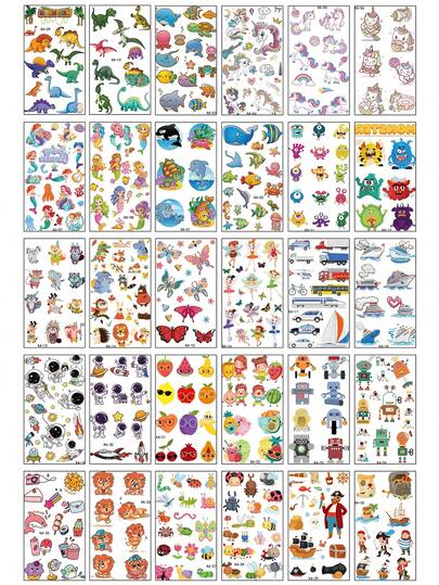 (30pcs/Set) Colorful Cartoon Temporary Tattoos, Includes Hundreds Of Designs Such As Cartoon Animals, Mermaids, Unicorns, Colorful Butterflies, Little Cars, Cute Cartoon Fruits & Vegetables With Expressions, As Well As Space Planets, Pirates, Robots, Suitable As Gifts For Kids, Waterproof And Long-Lasting Realistic Temporary Tattoo Stickers For DIY