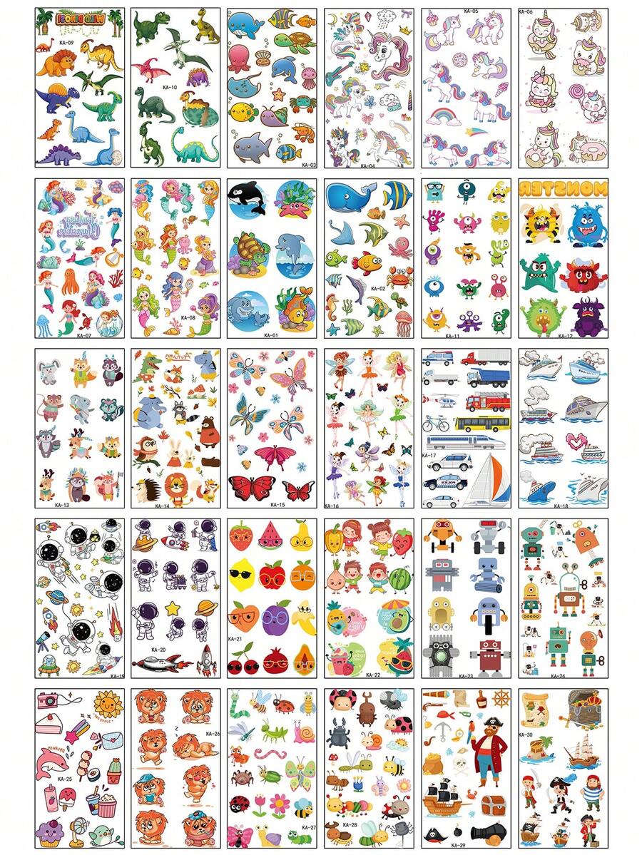 (30pcs/Set) Colorful Cartoon Temporary Tattoos, Including Hundreds Of Designs Such As Cartoon Animals, Mermaids, Unicorns, Colorful Butterflies, Little Trucks, Cute Cartoon Fruits & Vegetables, As Well As Space Planets, Pirates, Robots, Also Suitable As Gifts For Friends, Waterproof Long-Lasting Realistic Temporary Tattoo Stickers, DIY Use - Multicolor - View 1