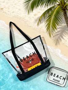 四件套沙滩手提包：印有“Beach Please”字样的透明PVC沙滩包、大容量防水INS风果冻包、春夏镂空遮阳帽、波西米亚风渔夫帽和透气针织宽檐帽。简约大容量单肩包、手提包、便携化妆包、休闲购物袋。 - 彩色 - 查看 6