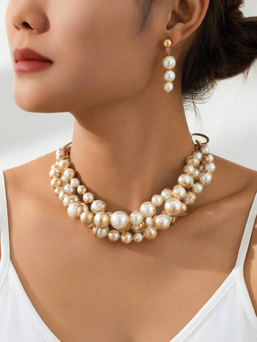 Bộ 3 món gồm bông tai hình quả sồi giả ngọc trai và dây chuyền 3 lớp giả ngọc trai, thích hợp cho phụ nữ dự tiệc, đám cưới và các dịp khác. - Nhiều màu - Xem 1