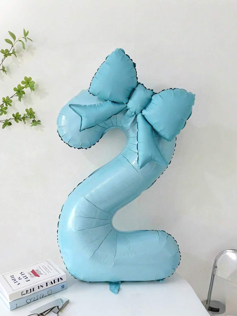 2pcs Blue Decorative Balloon Set, 40-Inch Blue 0-9 Number Foil Balloons, Blue Bow-Shaped Balloons For Birthday Party Decorations - Multicolor - View 1