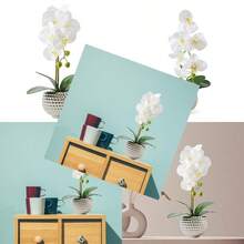 Flores Artificiales con Maceta Plateada Orquídeas Sintéticas Grandes para Decoración del Hogar Centro de Mesa de Interior o Baño-B029 - Plata y blanco - Ver 2