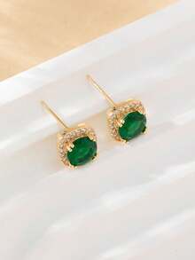 Cubic Zirconia Decor Stud Earrings - Green - View 4