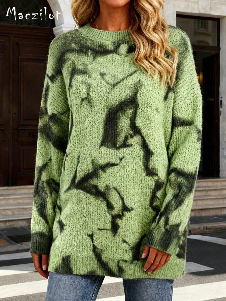 大码女式针织长袖毛衣上衣，轻薄长款设计，穿着舒适