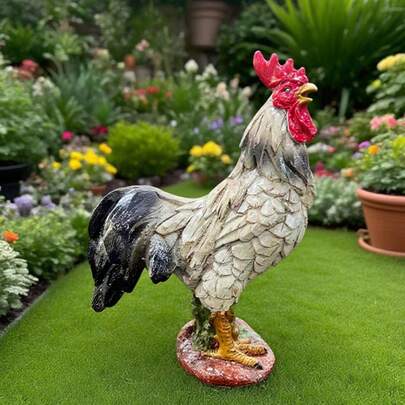 Garden Rooster Statue - Realistic Resin Farm Animal Ornament For Patio, Lawn & Flower Bed Decor