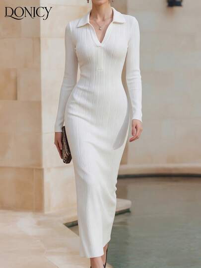 DONICY Women's Solid Color Ribbed Half-Zip V-Neck Long Sleeve Bodycon Maxi Dress, Fashionable Minimalist Elegant Mature Style, Suitable For Casual, Business, Date, Party, Christmas, Independence Day