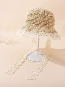 1pc Kids Breathable Lace Trim Bow Sun Hat, Outdoor Beach UV Protection Hat - Beige-lace - View 6