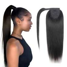 Straight Wrap Around Ponytail Human Hair Extensions Natural Color Hairpiece Brazilian Remy Hair Clip In Ponytail Hair Extensions - Natural Black - View 2