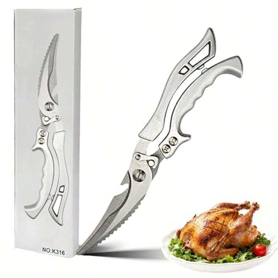 Tijeras de cocina de acero inoxidable de alta resistencia: tijeras profesionales para cocinar y para aves, adecuadas para cortar huesos, pavo, carne, pescado y verduras, 1 par por paquete. - Plateado - Ver 1