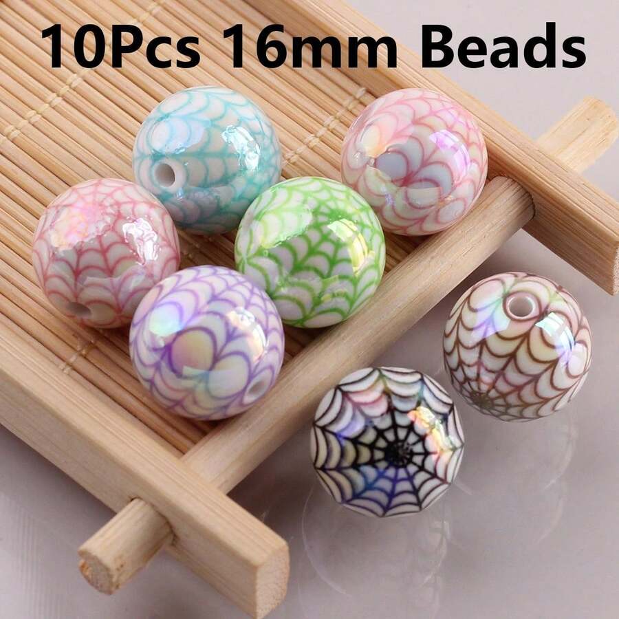 10Pcs 16mm Spider Web Round Acrylic Beads Spacer Loose Bead For Jewelry Making Accessory Beads DIY - 10 hạt cườm in hình mạng nhện 16mm - Xem 1