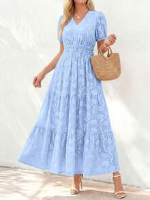 Women's Boho Maxi Dress, Summer Short Sleeve V-Neck Floral Flowy A-Line Long Dress, Formal For Wedding Guest & Baby Shower - 淺藍色 - 查看 1