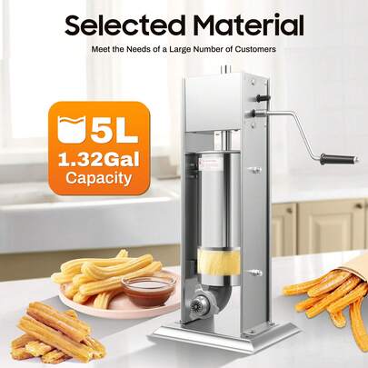 SENDERPICK Manual Churros Machine 1.32gal Commercial Manual Churros & Donut Maker Machine - Stainless Steel Heavy-Duty With 6 Nozzles