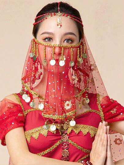 1件肚皮舞配饰 女士面纱头巾 派对服装角色扮演面部遮盖物 表演