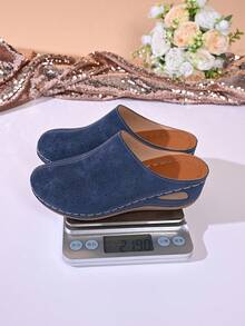 Women's New Round Toe Casual Floral Pattern Hollow Breathable Design Slip-On Wedge Loafers - Blue - View 7