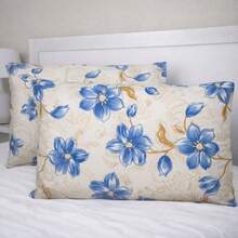 Set Of 2 (Two) Premium Printed 180 Thread Count Percale Cotton Pillowcases - 藍色花卉 - 查看 3