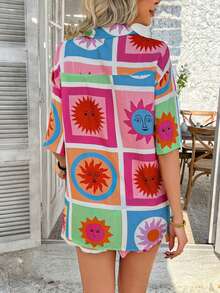 Ropa de mujer de primavera, otoño e invierno 2026 ropa de ocio y vacaciones estilo de choque de colores estampado conjunto de pantalones cortos - girasol a cuadros - Ver 2