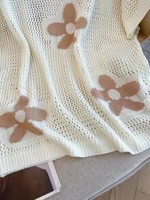 Floral Hollow Out Dropped Shoulder Round Neck Women Vest, Fashionable Casual Elegant Sweet Style Lightweight Summer Clothing - Cream - View 10