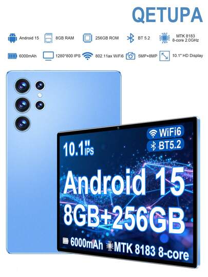 Qetupa Z50 10.1英寸安卓15平板电脑，MTK8183八核2.0GHz处理器，8GB RAM + 256GB ROM（支持1TB SD卡扩展），1280*800高清IPS触摸屏，5MP前置摄像头+8MP后置摄像头，6000mAh电池，802.11ax Wi-Fi 6，蓝牙5.2，GPS，Type-C充电端口。