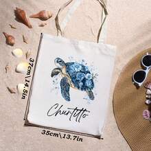 个性化花卉海龟帆布手提袋，可定制名字，夏季海滩度假旅行必备，女士生日礼物 - 彩色 - 查看 6