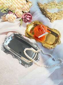 1pc Stainless Steel Tray, Embossed Dessert Plate, Mirror Jewelry Storage Plate, European Rectangular Dried Fruit And Snack Tray, Romantic Candlelight Dinner Prop, Afternoon Tea Cake Plate - MultiWarna - View 9