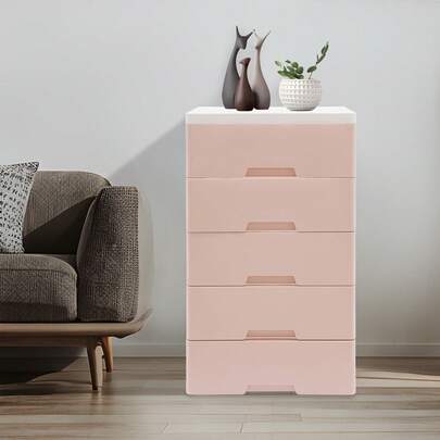 WOBENFOG 5 Tier Plastic Drawers Dresser, 31.5  Inch Storage Cabinet With 5 Drawers, Tall Dresser Organizer With Wheels, Vertical Storage Unit ForBedroom, Playroom, Living Room