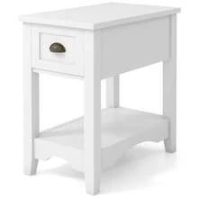COSTWAY Chair Side End Table, Retro Side Table W/ Drawer And Open Shelf, Compact Rectangular Bedside Table Nightstand W/ Solid Wood Legs, Narrow Side Table Slim End Table For Small Space, Living Room, Bedroom, White - White - View 2
