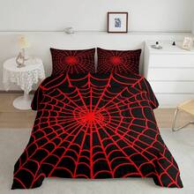 Castle Fairy 3pcs Happy Halloween  Comforter Set Queen/King Size Spider Web Animals Insect Rustic Bedding Set Suitable For Women Men Room Decor Spider Web Farmhouse  Comforter Red Black Bedding Set 2 Pillowcases - 紅色黑色 - 查看 3