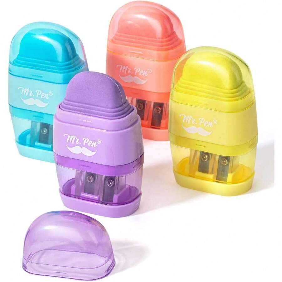 Pencil Sharpener & Eraser, 4 Pack, Colorful, 2 Sharpening Holes, Manual Handheld Small Pencil Sharpener - Macaron Colors - View 1