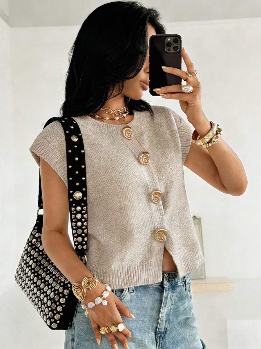 Women's Casual Commuter Metal Buckle Knit Cardigan, Crew Neck Batwing Sleeved Fashion New Style Button Down Jacket, Spring Summer Fall - Camel - View 1