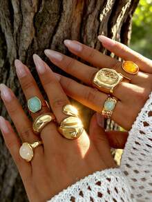 28-6件套复古时尚优雅仿古风格金属多元素彩色仿宝石猫眼石镶嵌闪亮水钻仿珍珠粗锤不规则可调节戒指套装，个性化简约奢华波西米亚Y2K叠戴戒指，男女情侣款，送给女友、家人、夏季假日派对、结婚纪念日的理想礼物 - 彩色 - 查看 2
