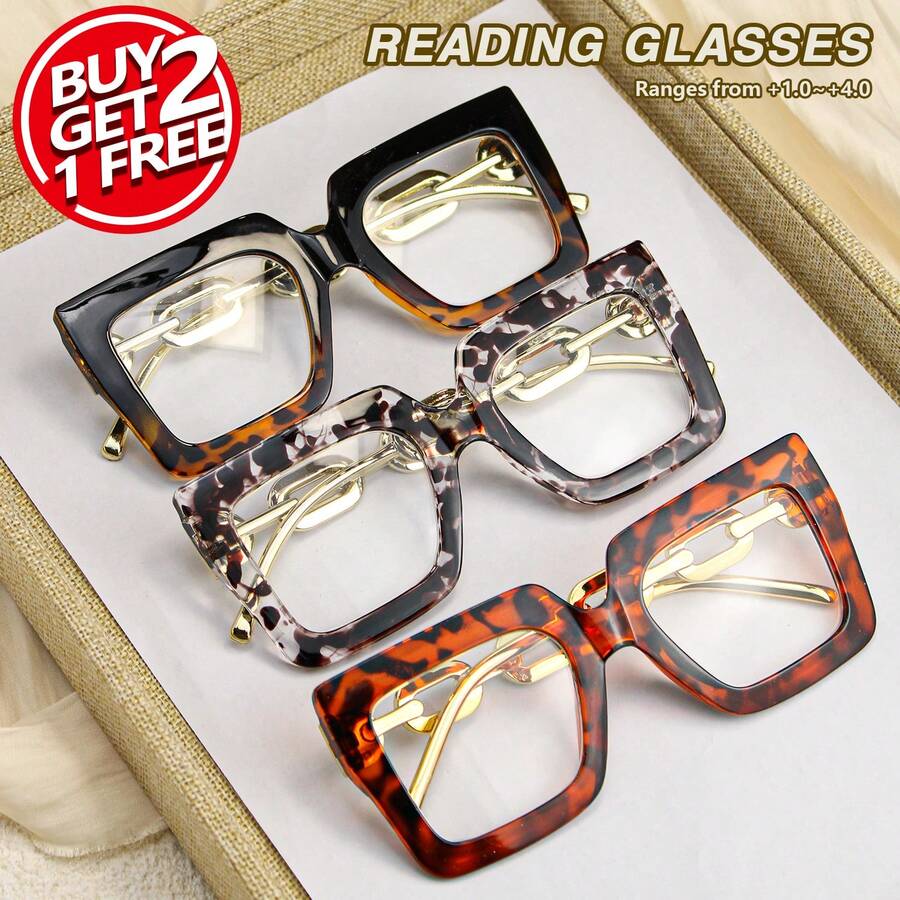 3pcs Oversized Vintage Reading Glasses, Chain Designed Temples, Comfortable Premium Quality Ladies Readers - Half-frame Leopard Print + Leopard Print + Light Bean Curd - View 1