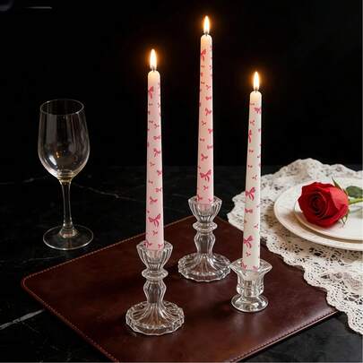2pcs (25cm) Scented Candles With Cute Bow - Made Of Natural Soy Wax, Printed With Pink And White Floral Patterns (Candle Holders Not Included). Elegant And Sophisticated Appearance, Ideal For Wedding Centerpiece Decoration