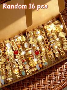 28-6件套复古时尚优雅仿古风格金属多元素彩色仿宝石猫眼石镶嵌闪亮水钻仿珍珠粗锤不规则可调节戒指套装，个性化简约奢华波西米亚Y2K叠戴戒指，男女情侣款，送给女友、家人、夏季假日派对、结婚纪念日的理想礼物 - 彩色 - 查看 16